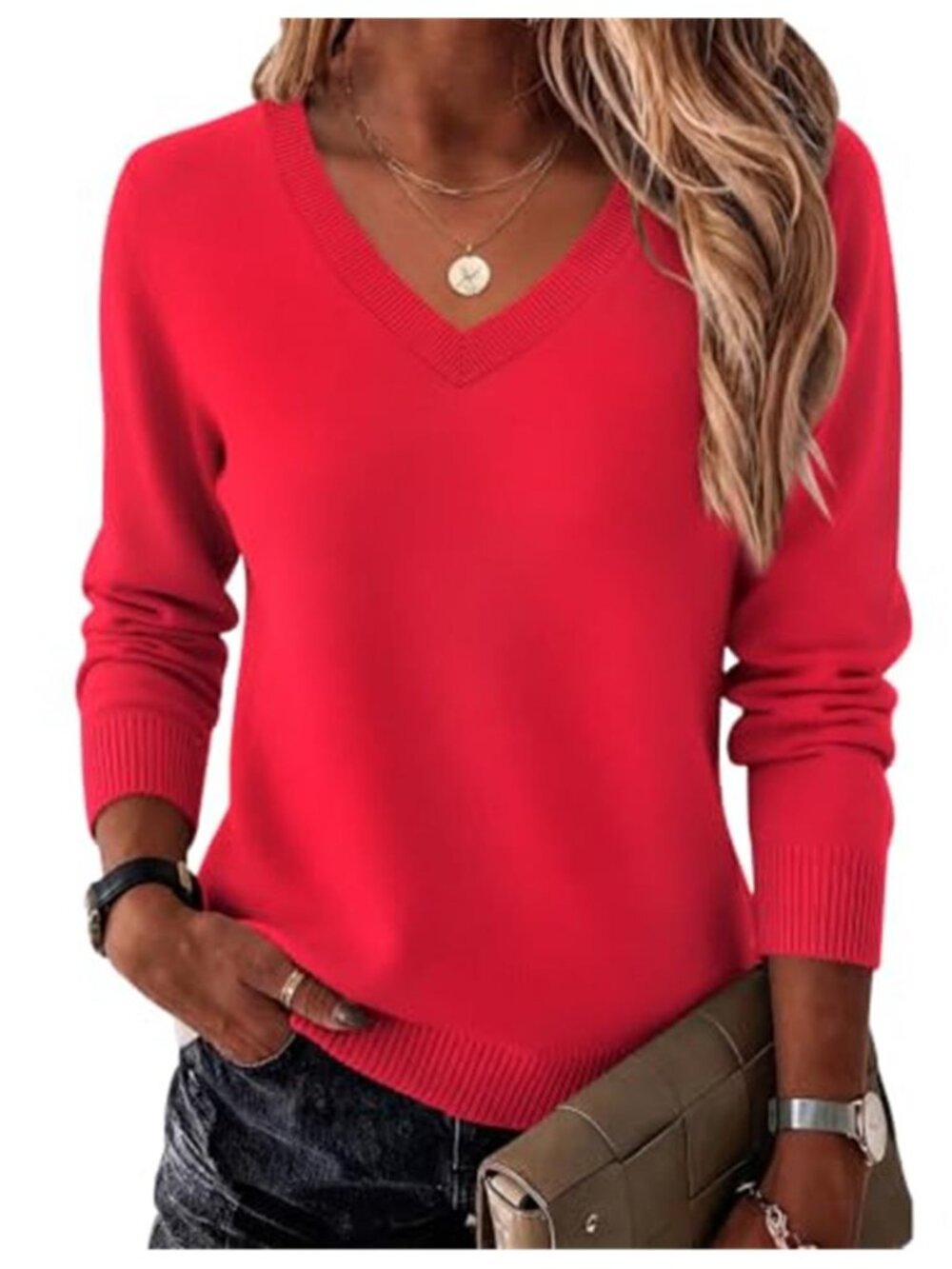 Red V Neck Knit Sweater Long Sleeve Lightweight Ribbed Pullover